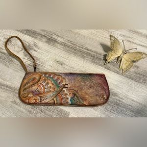 NEW ANUSCHKA HAND PAINTED LEATHER CLUTCH / WRISTLET - 13" L By 5" H By 1" D